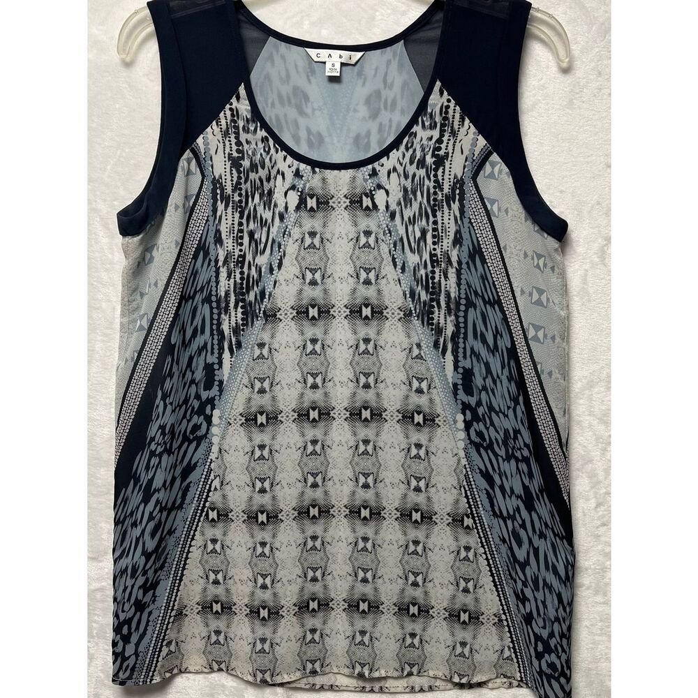 CAbi Tunic Blouse Womens Size S Blue Gray Black Geometric Sleeveless